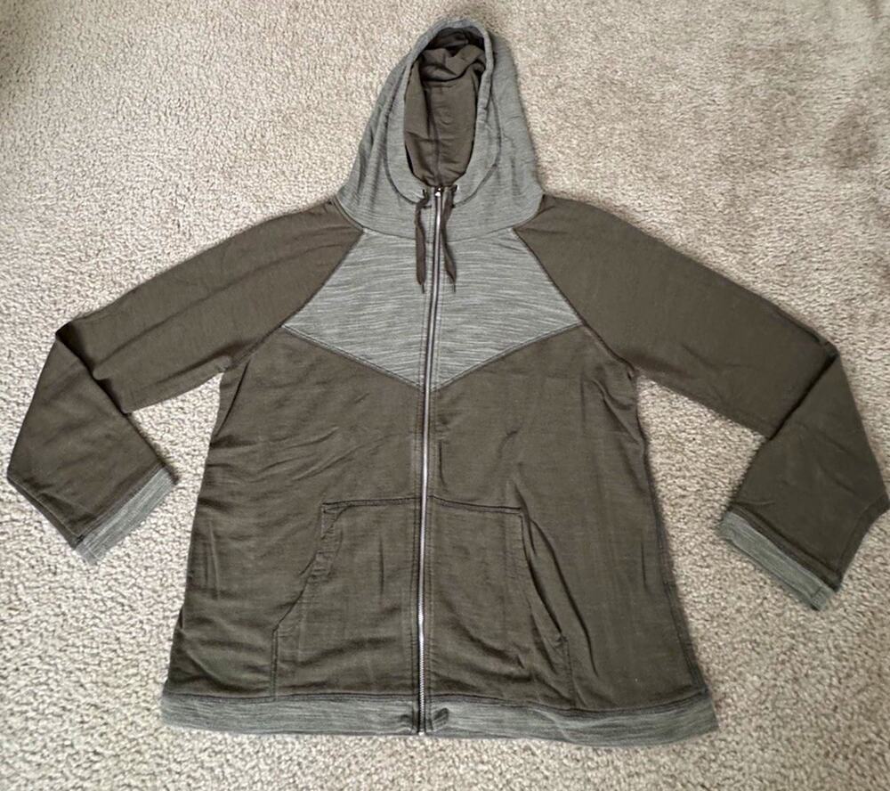 Tek Gear Womens L Olive Green Gray Colorblock Full Zip Hooded Jacket Activewear